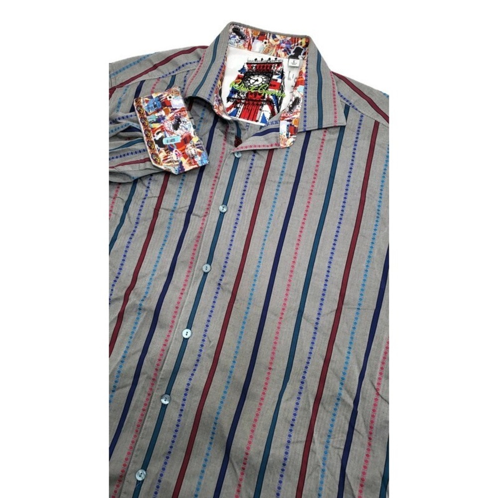 Robert Graham Mens Grey Striped Long Sleeve Button Down Shirt London Graphic L